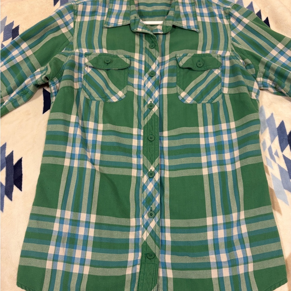 Duluth Trading Co Green and Blue Plaid Women Flannel Button Down Shirt